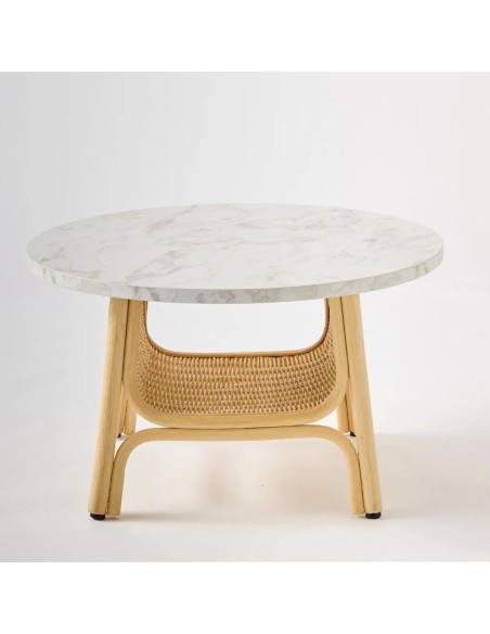 Vue intérieur panier table basse design en rotin CORRIDOR collection ORCHID EDITION avec plateau stratifié effet marbre blanc