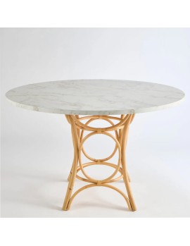 Gingko dining table with rattan cane legs and white marble-effect laminate top 2