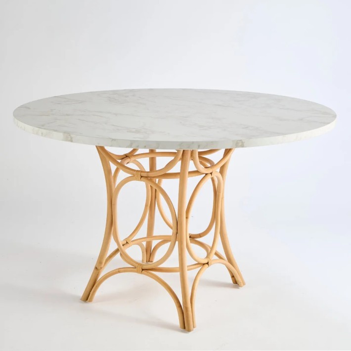 Gingko dining table with rattan cane legs and white marble-effect laminate top