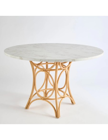 Gingko dining table with rattan cane legs and white marble-effect laminate top