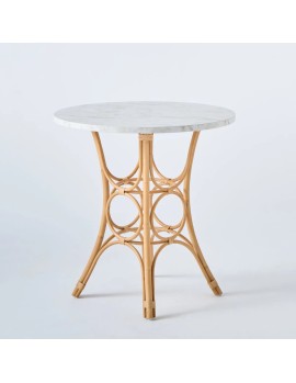 Dining table, diameter 70 cm, with rattan cane legs and white marble-effect laminate top
