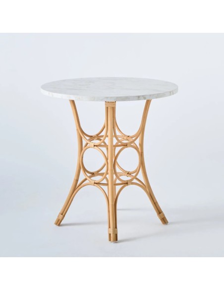 Dining table, diameter 70 cm, with rattan cane legs and white marble-effect laminate top