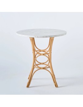 Table de repas diamètre 70 cm avec pied en canne de rotin et plateau stratifié effet marbre blanc 2