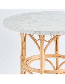 Gingko collection rattan cane coffee table with white marble-effect laminate top, diameter 70 centimetres 2