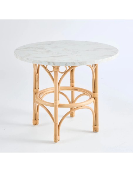 Gingko collection rattan cane coffee table with white marble-effect laminate top, diameter 70 centimetres