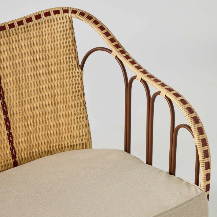 Detail of arcades on armrests of Belle Époque sofa