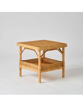 3/4 view of square honey-coloured rattan coffee table, exclusively available online at KOK MAISON