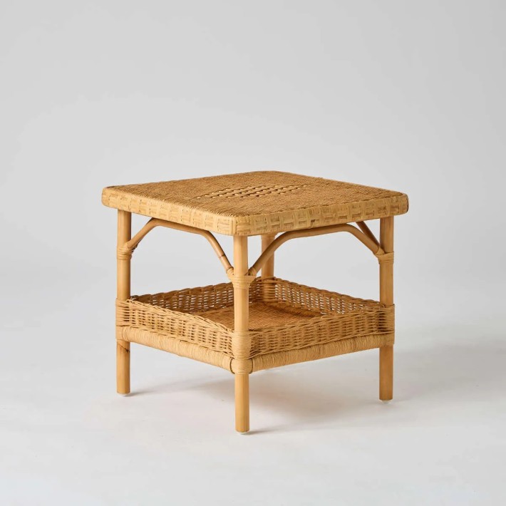 3/4 view of square honey-coloured rattan coffee table, exclusively available online at KOK MAISON