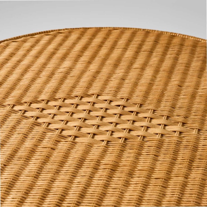Detail of diamond pattern on honey-coloured woven rattan tray, Eugénie dining table, Grandfather collection at Kok Maison