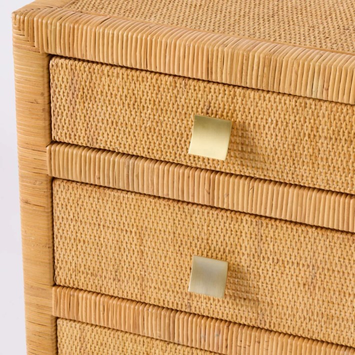 Detail of brass handles on rattan chest of drawers with 3 rattan drawers from the SAIGON collection