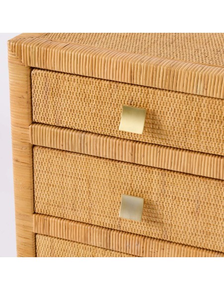 Detail of brass handles on rattan chest of drawers with 3 rattan drawers from the SAIGON collection