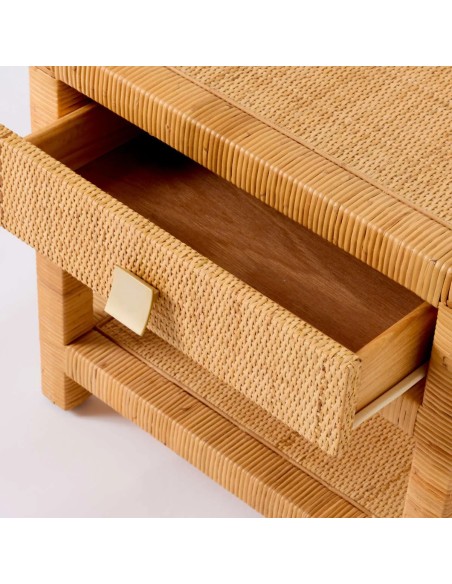 Detail of rattan bedside drawer from the SAIGON collection with brass handle
