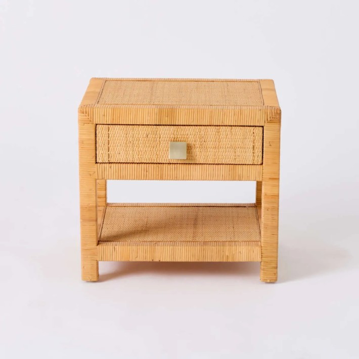 Front view of rattan bedside table with drawer from the SAIGON collection by KOK