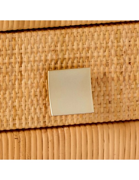 Zoom in on the gold-coloured brass handle of the SAIGON rattan bedside table by KOK MAISON