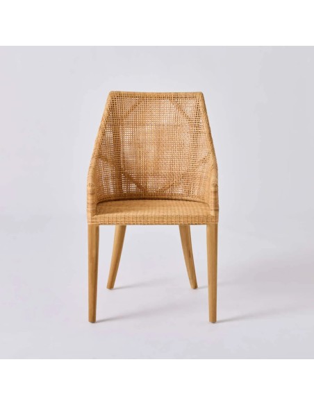 Front view of SAIGON collection table chair. Rattan weave and teak legs by Kok Maison.