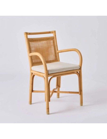Fauteuil de table en rotin Riviera avec coussin en tissu lin