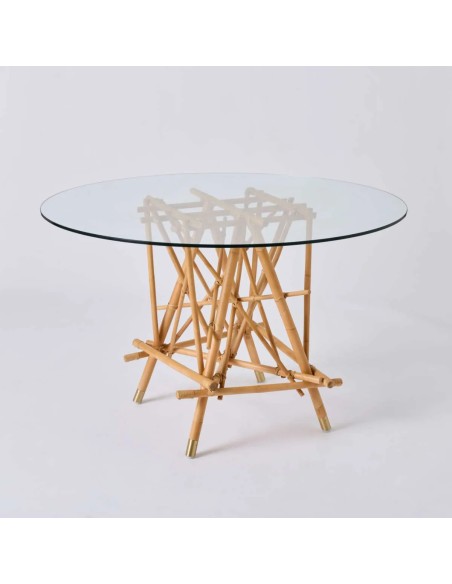 Table de repas ronde Mikado avec plateau en verre et pied en rotin