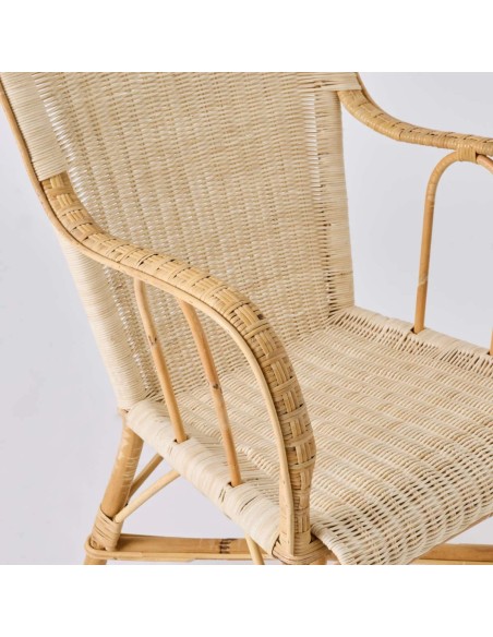 Detail of the weaving on the armrest of the Marcel high-back rattan armchair
