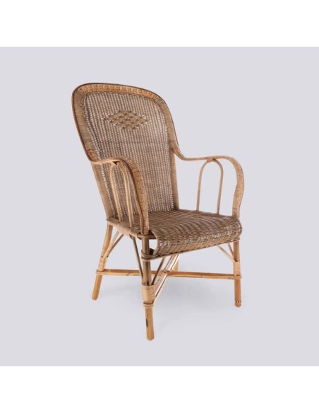 Fauteuil grand père haut dossier en rotin patiné