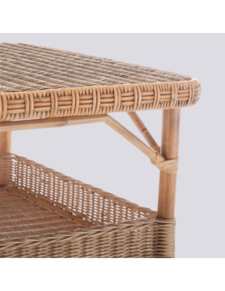 Detail of woven weathered rattan rectangular coffee table Nantucket