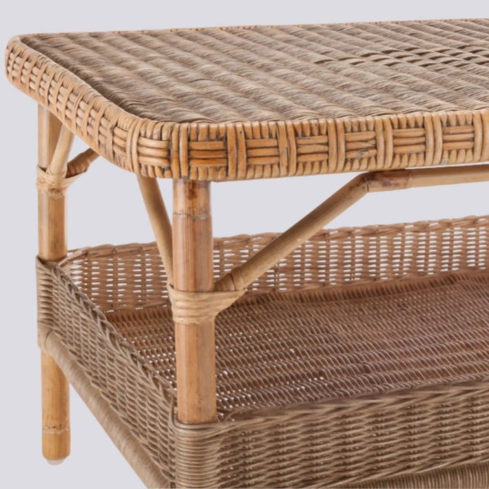 Zoom on the weaving and ligatures of weathered rattan on the NANTUCKET rectangular coffee table by KOK MAISON