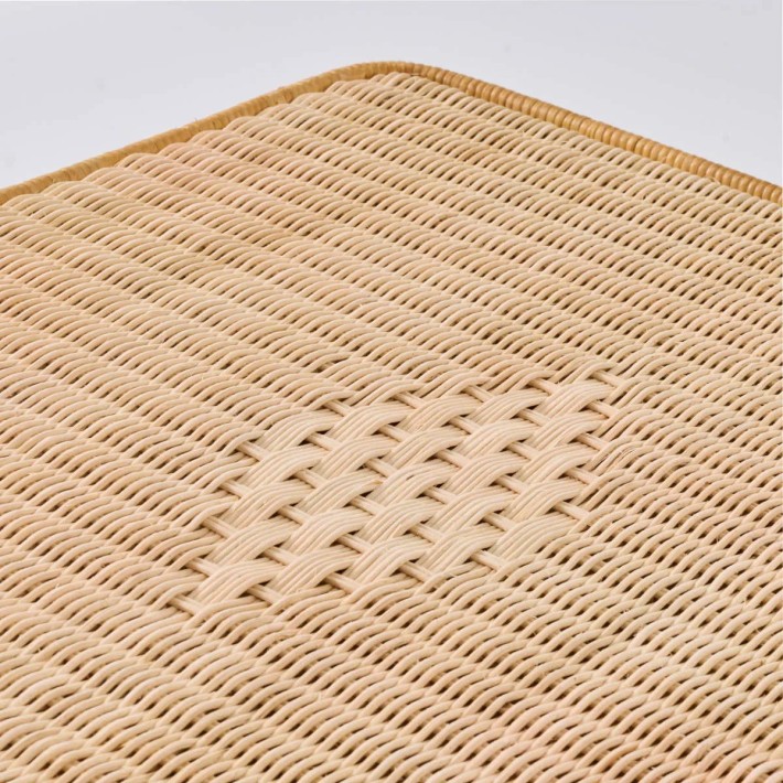 Detailed weaving and diamond pattern on natural rattan top of Nantucket rectangular coffee table