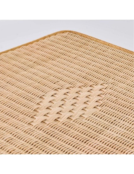 Detailed weaving and diamond pattern on natural rattan top of Nantucket rectangular coffee table