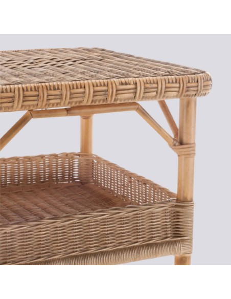 Detail of woven weathered rattan square coffee table Nantucket
