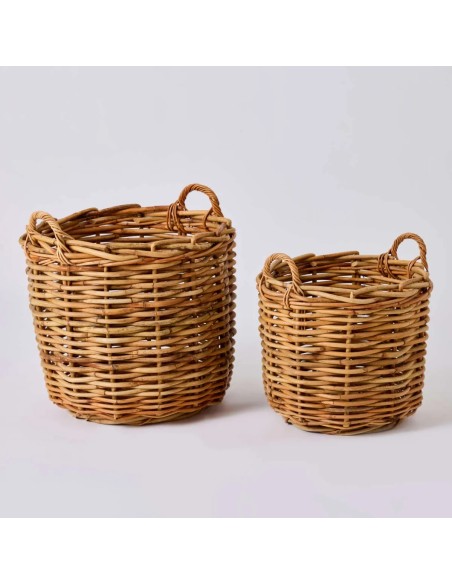 Set of 2 round baskets for indoor and outdoor use, covered in maxi weave rattan by KOK maison