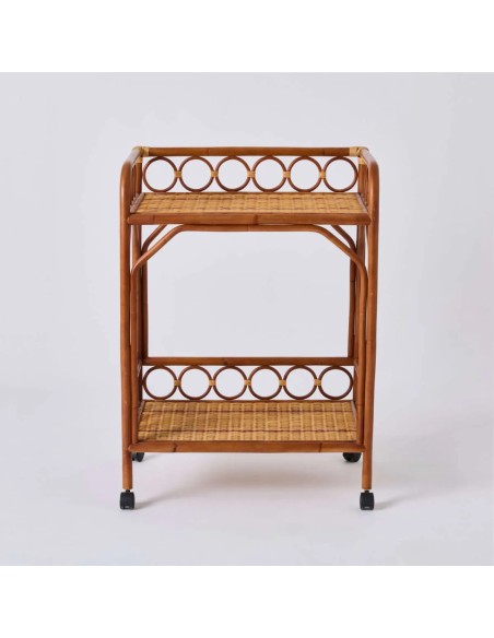 Front view of the BAGATELLE rolling trolley, made entirely of rattan by KOK MAISON