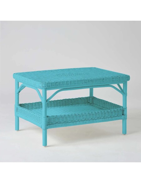 Table basse rectangulaire en rotin laqué bleu azur