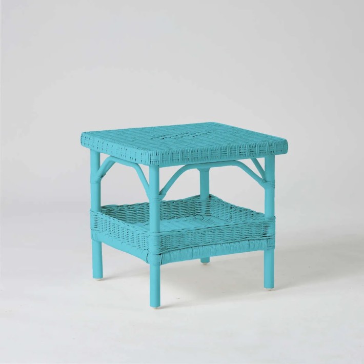 Square coffee table in azure blue lacquered rattan from the PRIMAVERA collection
