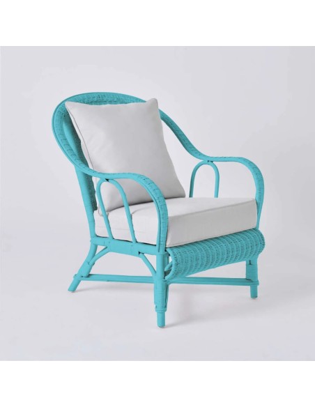 Fauteuil collection PRIMAVERA en rotin laqué couleur bleu azur tissu chenille gris