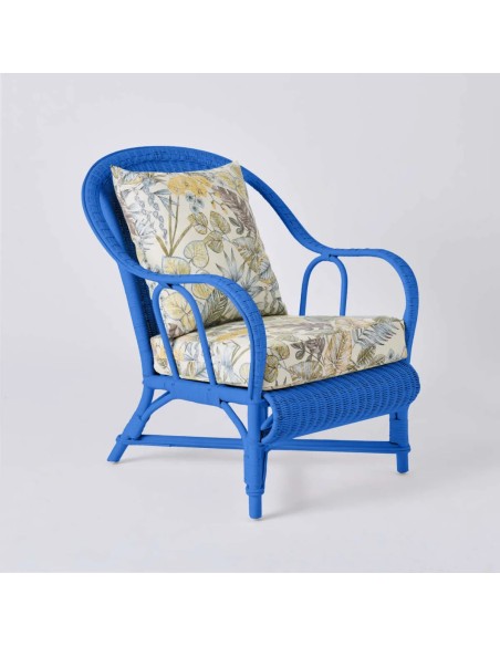 PRIMAVERA collection armchair in Greek blue lacquered rattan with ecru bouquet fabric