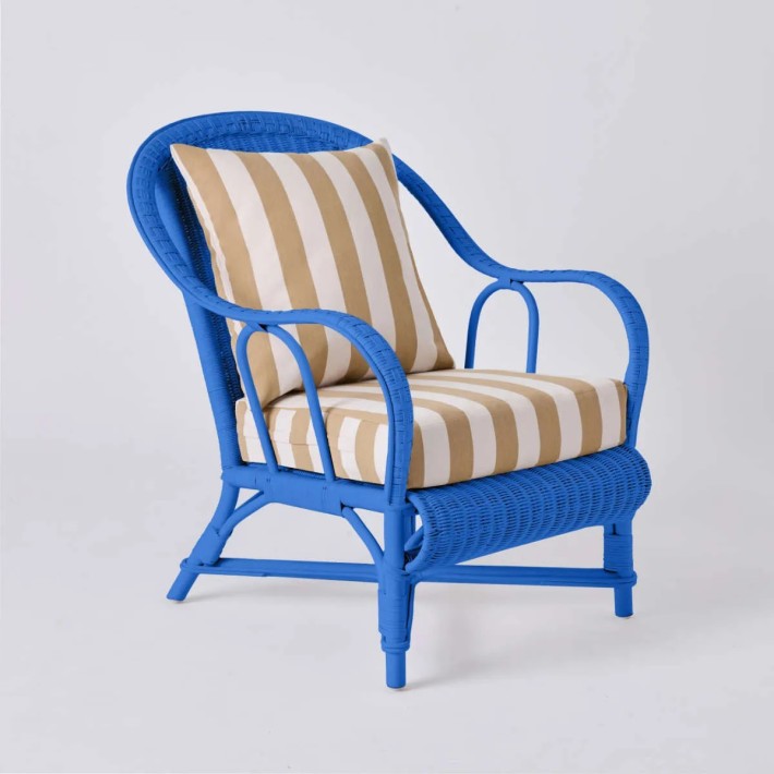 PRIMAVERA collection armchair in Greek blue lacquered rattan with beige striped fabric