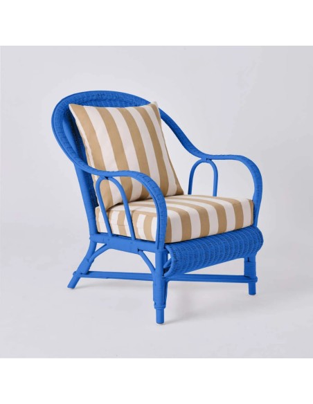 PRIMAVERA collection armchair in Greek blue lacquered rattan with beige striped fabric