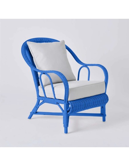 PRIMAVERA collection armchair in Greek blue lacquered rattan with pearl grey fabric