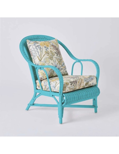 PRIMAVERA collection armchair in azure blue lacquered rattan with ecru bouquet