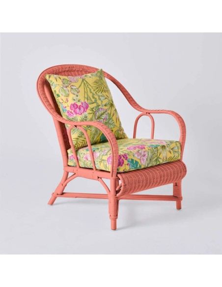 PRIMAVERA collection armchair in coral-coloured lacquered rattan with bouquet yellow fabric