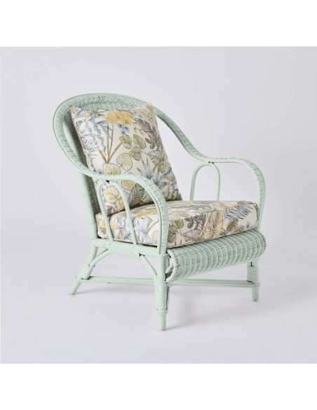 Fauteuil collection PRIMAVERA en rotin laqué couleur pistache tissu bouquet écru