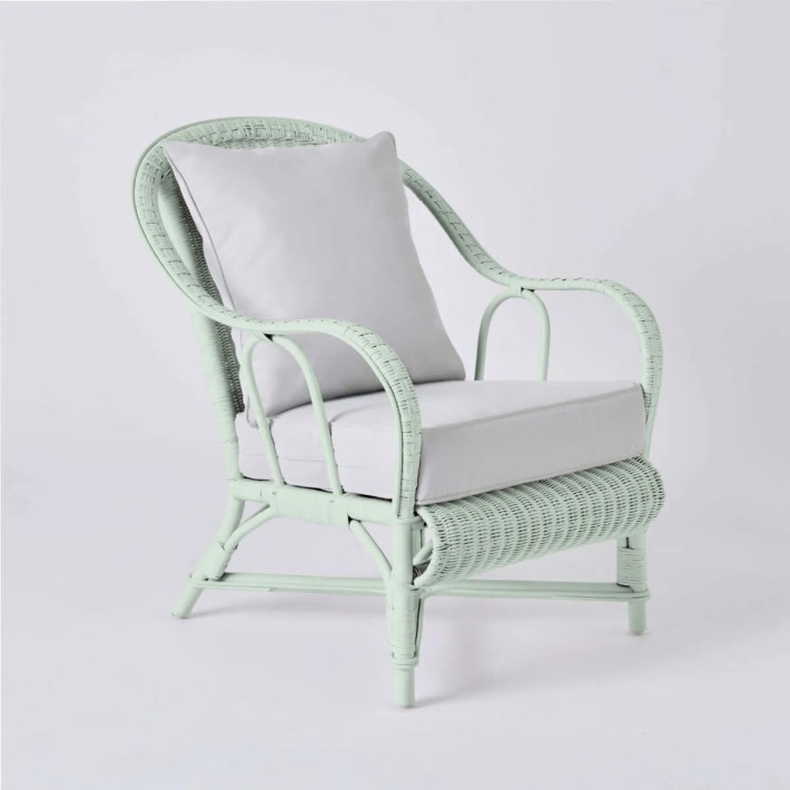 PRIMAVERA collection armchair in pistachio-coloured lacquered rattan with pearl grey fabric