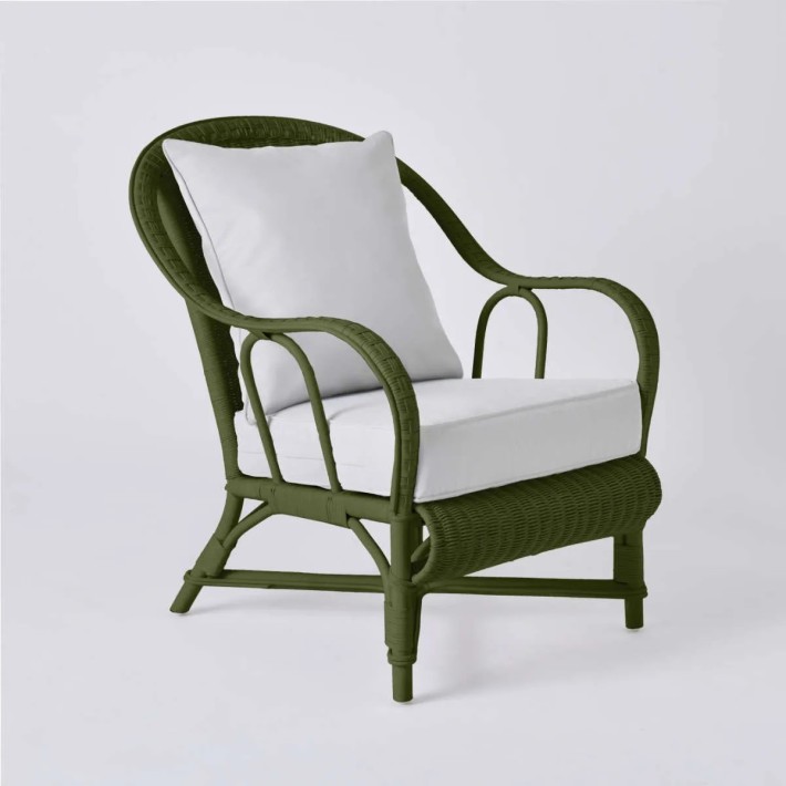 PRIMAVERA collection armchair in bronze green lacquered rattan with pearl grey fabric