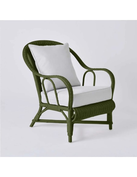Fauteuil collection PRIMAVERA en rotin laqué vert bronze tissu gris perle