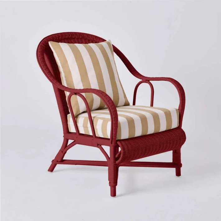 PRIMAVERA collection armchair in ruby red lacquered rattan with beige striped fabric