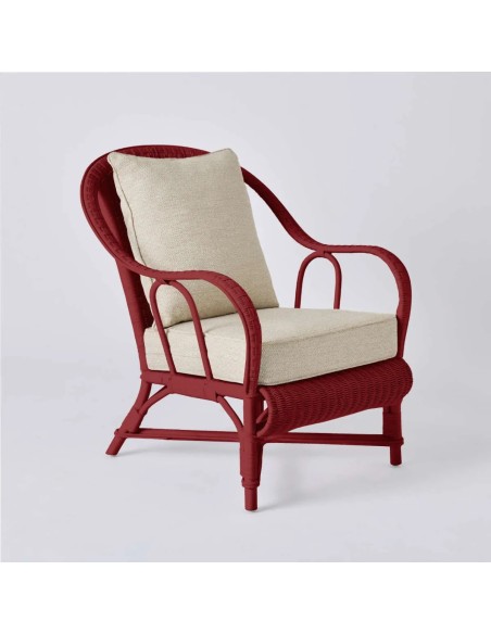 PRIMAVERA collection armchair in ruby red lacquered rattan with grey chenille fabric