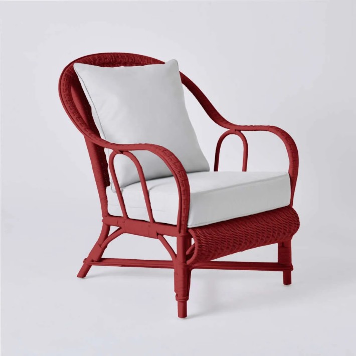 PRIMAVERA collection armchair in ruby red lacquered rattan with pearl grey fabric