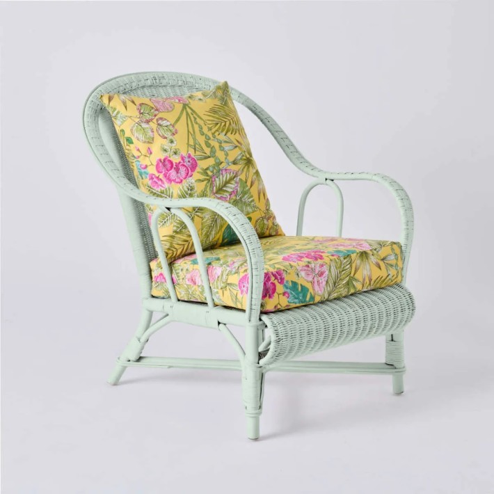 PRIMAVERA collection armchair in pistachio-coloured lacquered rattan with bouquet yellow fabric