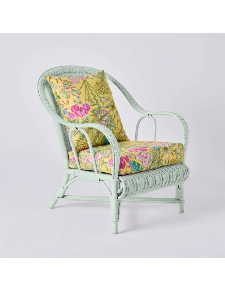 PRIMAVERA collection armchair in pistachio-coloured lacquered rattan with bouquet yellow fabric