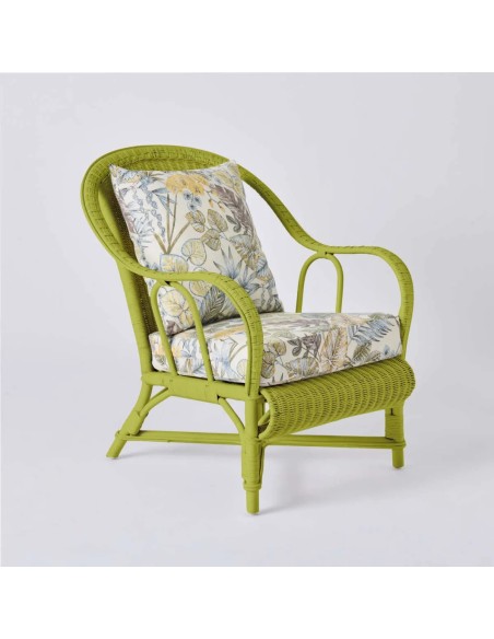 Fauteuil collection PRIMAVERA en rotin laqué vert gazon tissu bouquet écru