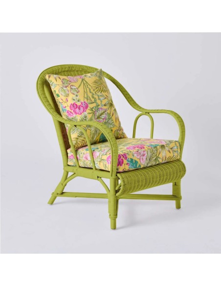 Fauteuil collection PRIMAVERA en rotin laqué vert gazon tissu bouquet yellow